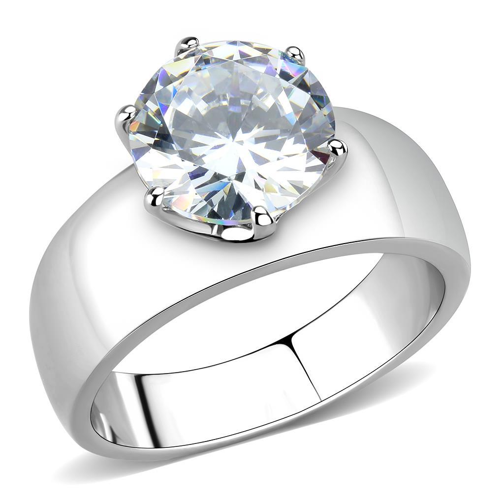 TK52004 High Polished Stainless Steel Ring featuring a clear AAA grade cubic zirconia center stone, showcasing its elegant design and shine.