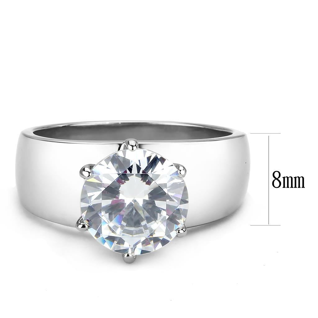 TK52004 High Polished Stainless Steel Ring featuring a clear AAA grade cubic zirconia center stone, showcasing its elegant design and shine.