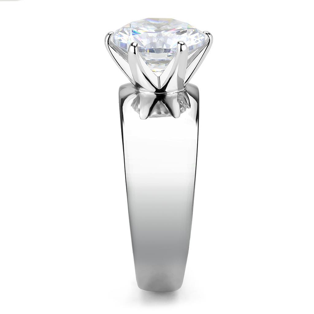 TK52004 High Polished Stainless Steel Ring featuring a clear AAA grade cubic zirconia center stone, showcasing its elegant design and shine.