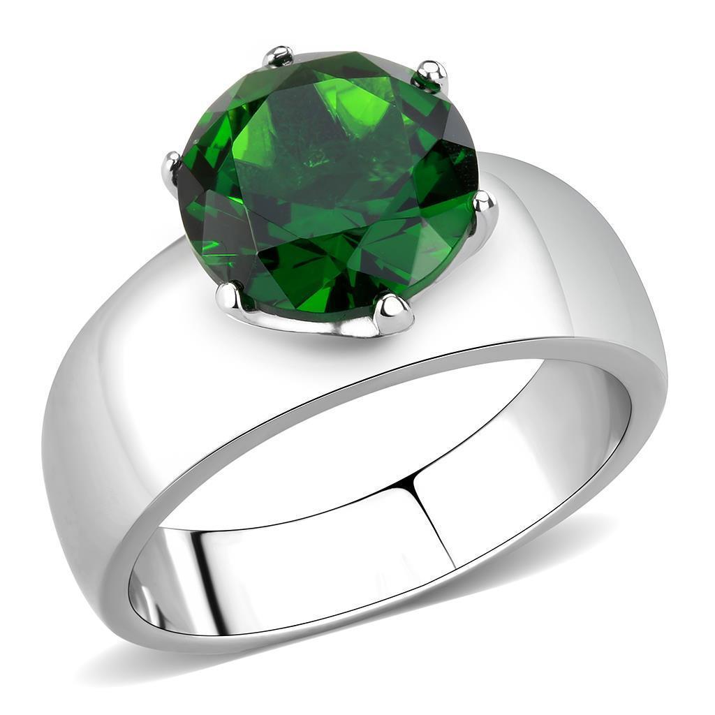 High polished stainless steel ring featuring a synthetic emerald glass stone, showcasing a sleek and elegant design.