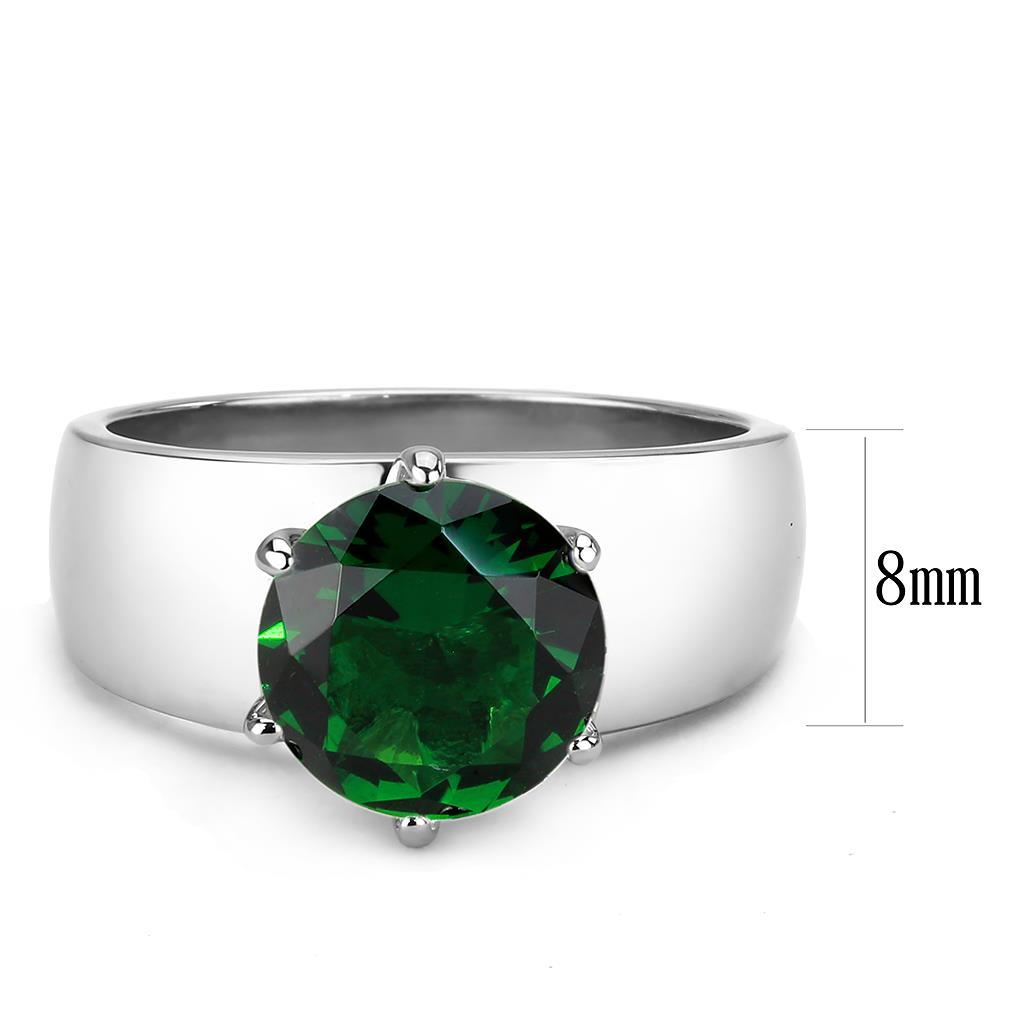 High polished stainless steel ring featuring a synthetic emerald glass stone, showcasing a sleek and elegant design.