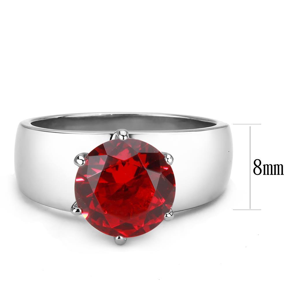 TK52007 High Polished Stainless Steel Ring featuring a vibrant Siam synthetic glass stone, showcasing a sleek and shiny finish.