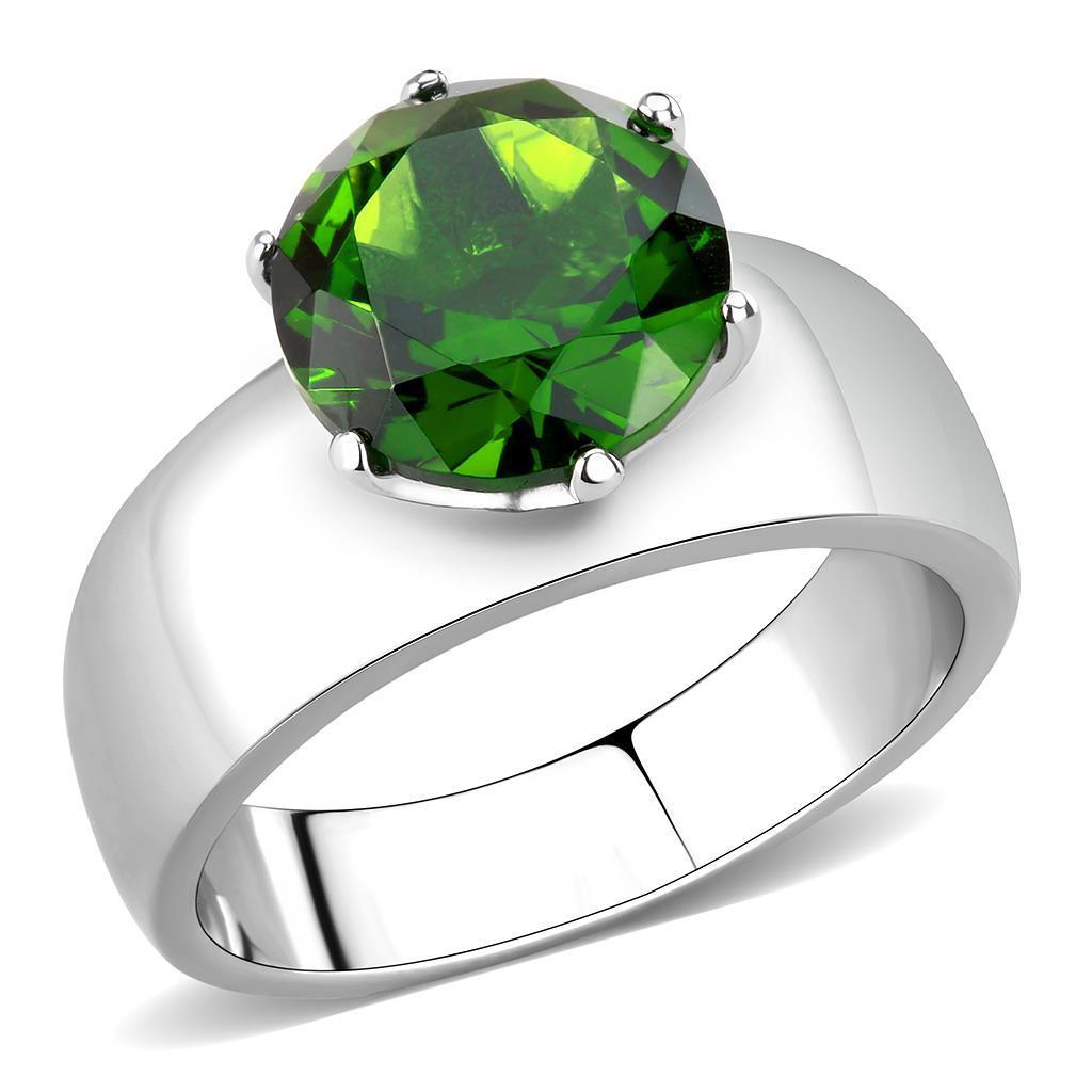 High polished stainless steel ring featuring a vibrant synthetic glass peridot stone, showcasing a sleek and modern design.