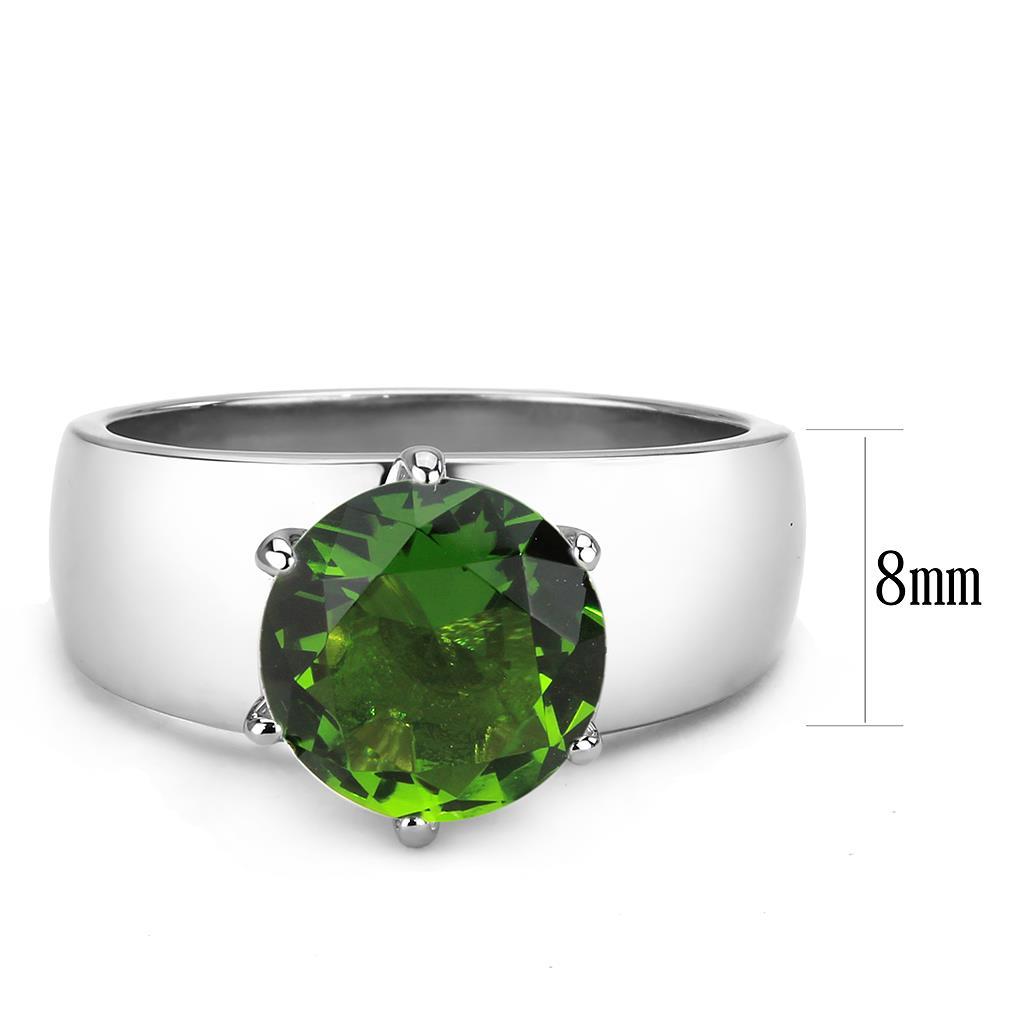 High polished stainless steel ring featuring a vibrant synthetic glass peridot stone, showcasing a sleek and modern design.