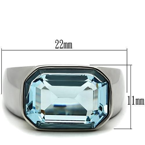 TK527 High Polished Stainless Steel Ring featuring a Sea Blue Top Grade Crystal, showcasing its elegant design and shine.