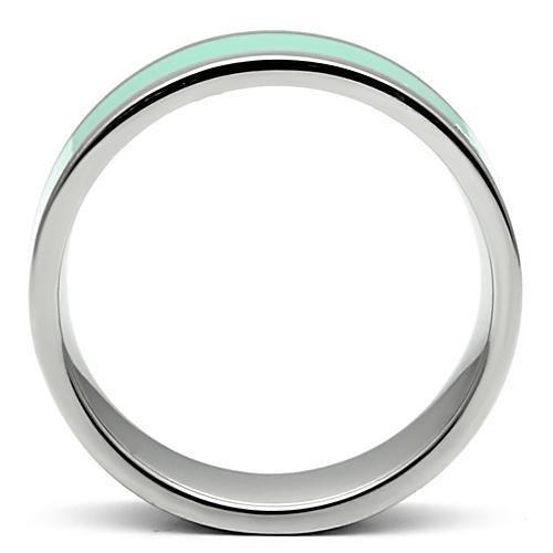 TK542 High Polished Stainless Steel Ring featuring an aquamarine epoxy center stone, showcasing a sleek and modern design.