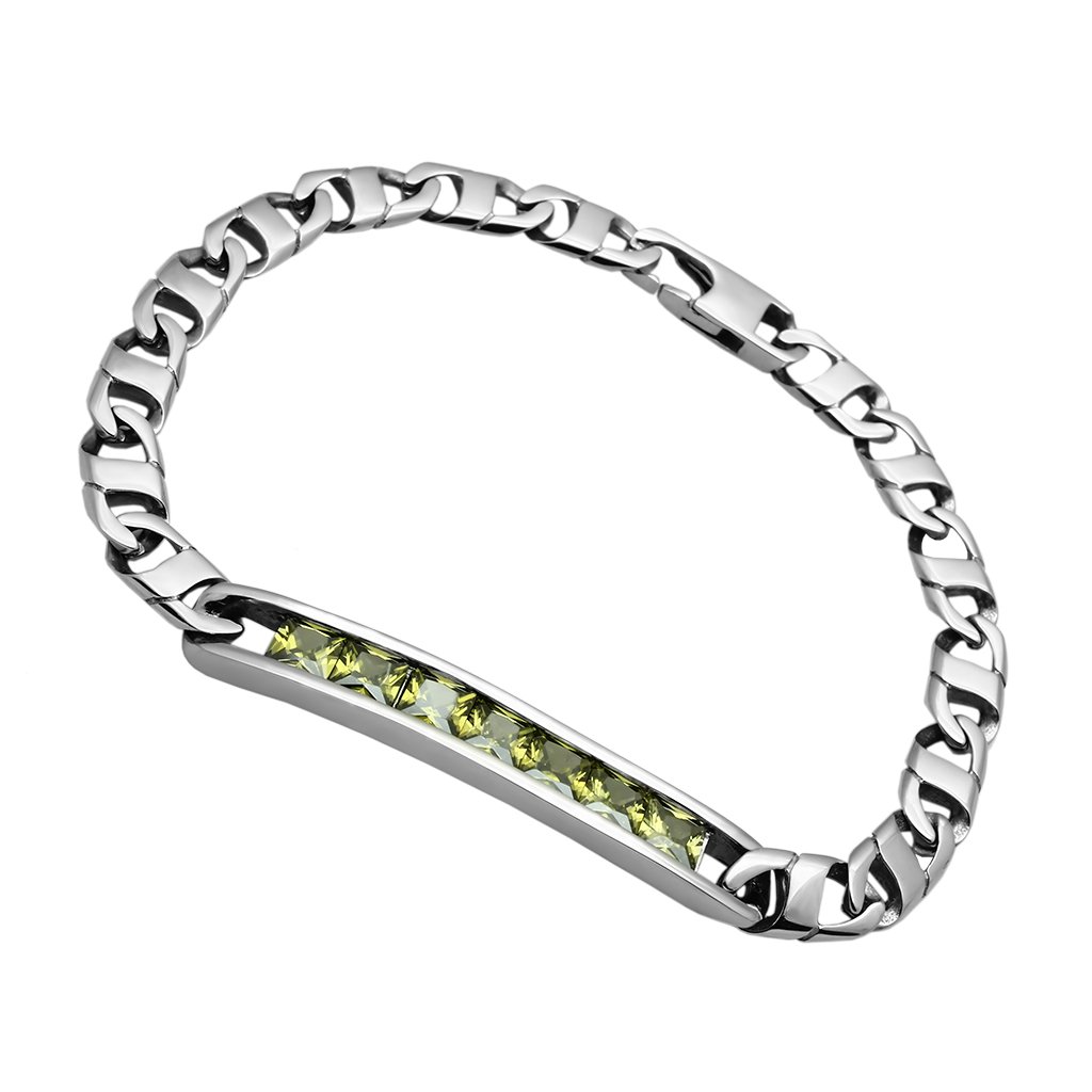 TK570 High Polished Stainless Steel Bracelet featuring AAA Grade CZ center stone in olivine color, showcasing its elegant design.