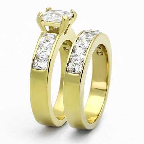 TK61206G IP Gold Stainless Steel Ring featuring AAA Grade clear CZ stone, showcasing its elegant design and luxurious finish.