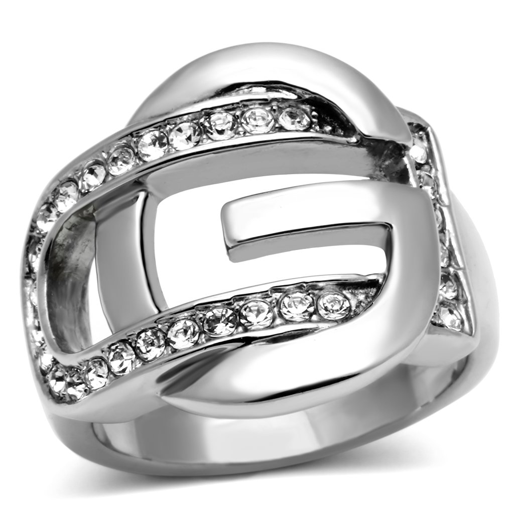 TK634 High Polished Stainless Steel Ring featuring a clear top grade crystal centerpiece, showcasing its elegant design and shine.