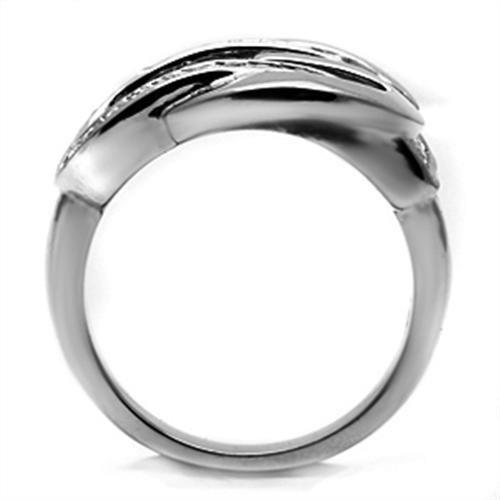 TK634 High Polished Stainless Steel Ring featuring a clear top grade crystal centerpiece, showcasing its elegant design and shine.