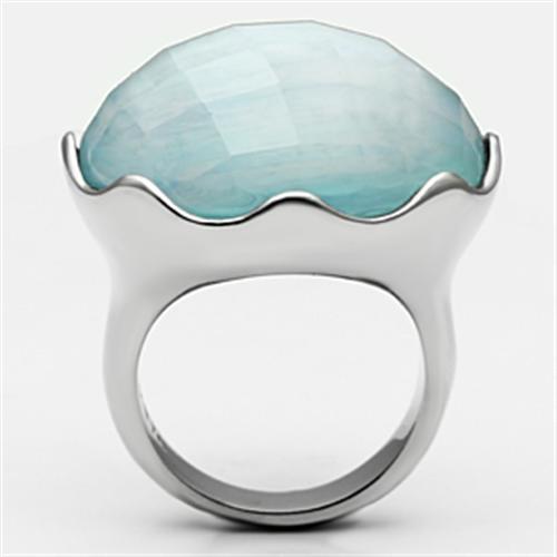 TK637 High Polished Stainless Steel Ring featuring a synthetic sea blue glass stone, showcasing a sleek and modern design.