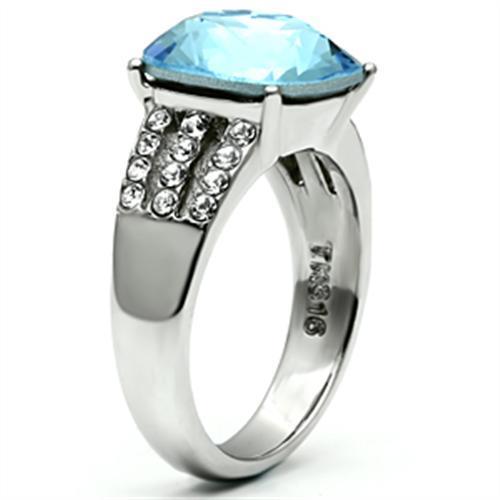 TK647 High Polished Stainless Steel Ring featuring a Sea Blue Top Grade Crystal, showcasing its elegant design and shiny finish.