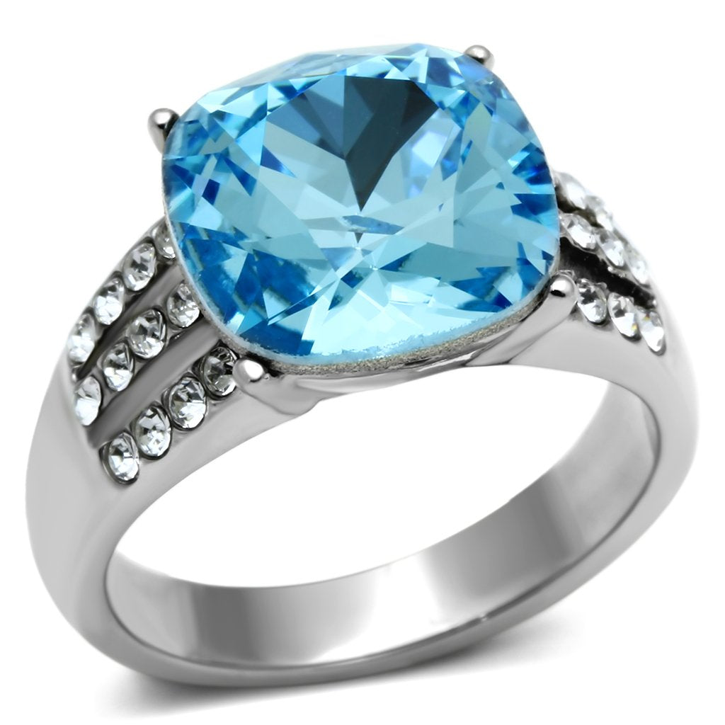 TK647 High Polished Stainless Steel Ring featuring a Sea Blue Top Grade Crystal, showcasing its elegant design and shiny finish.