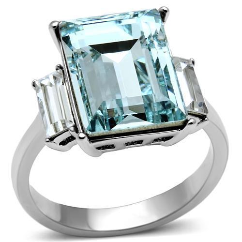 TK650 High Polished Stainless Steel Ring featuring a Sea Blue Top Grade Crystal, showcasing its elegant design and shiny finish.