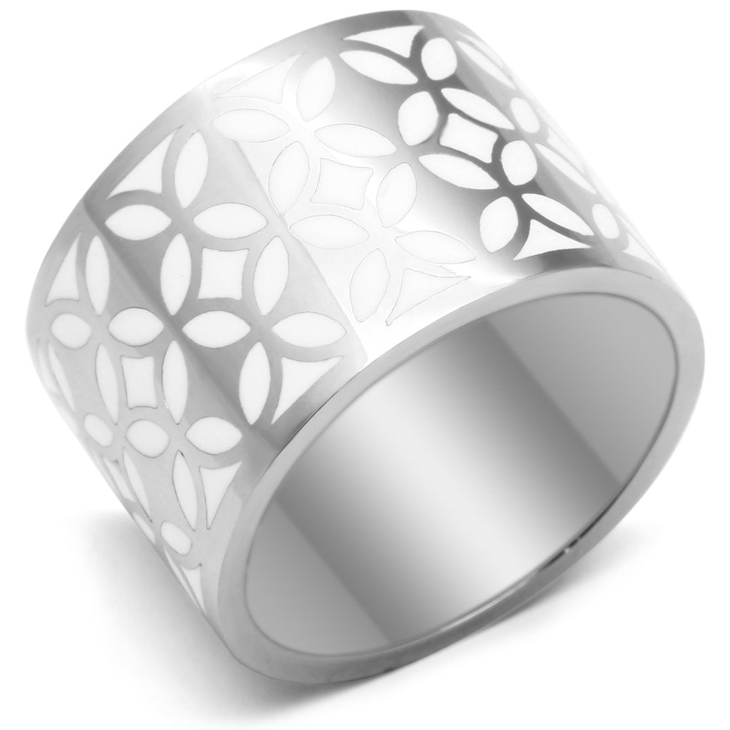 TK677 High Polished Stainless Steel Ring featuring a white epoxy center stone, showcasing a sleek and elegant design.