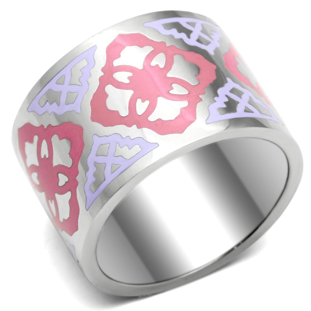 TK676 High Polished Stainless Steel Ring featuring a vibrant multi-color epoxy center stone, showcasing a sleek and modern design.