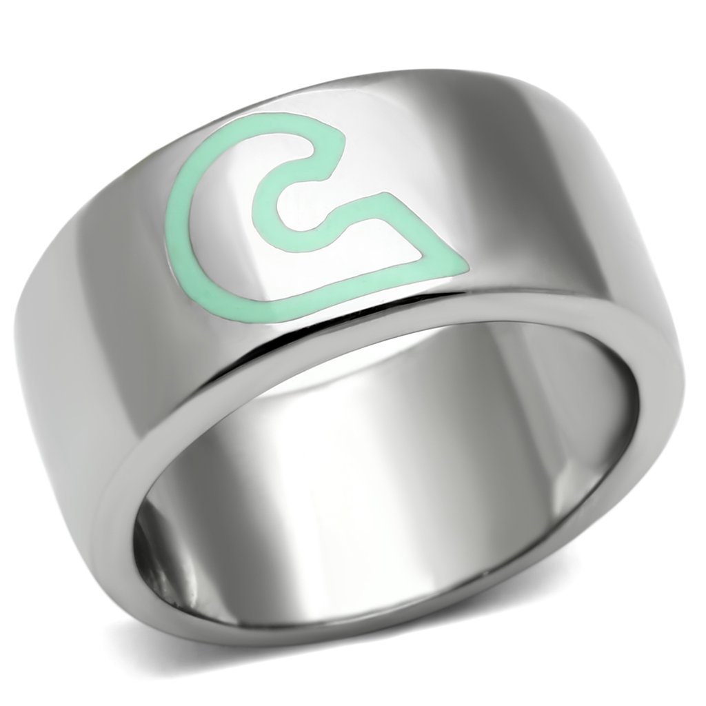 TK689 High Polished Stainless Steel Ring featuring a vibrant multi-color epoxy stone, showcasing its elegant design and shiny finish.