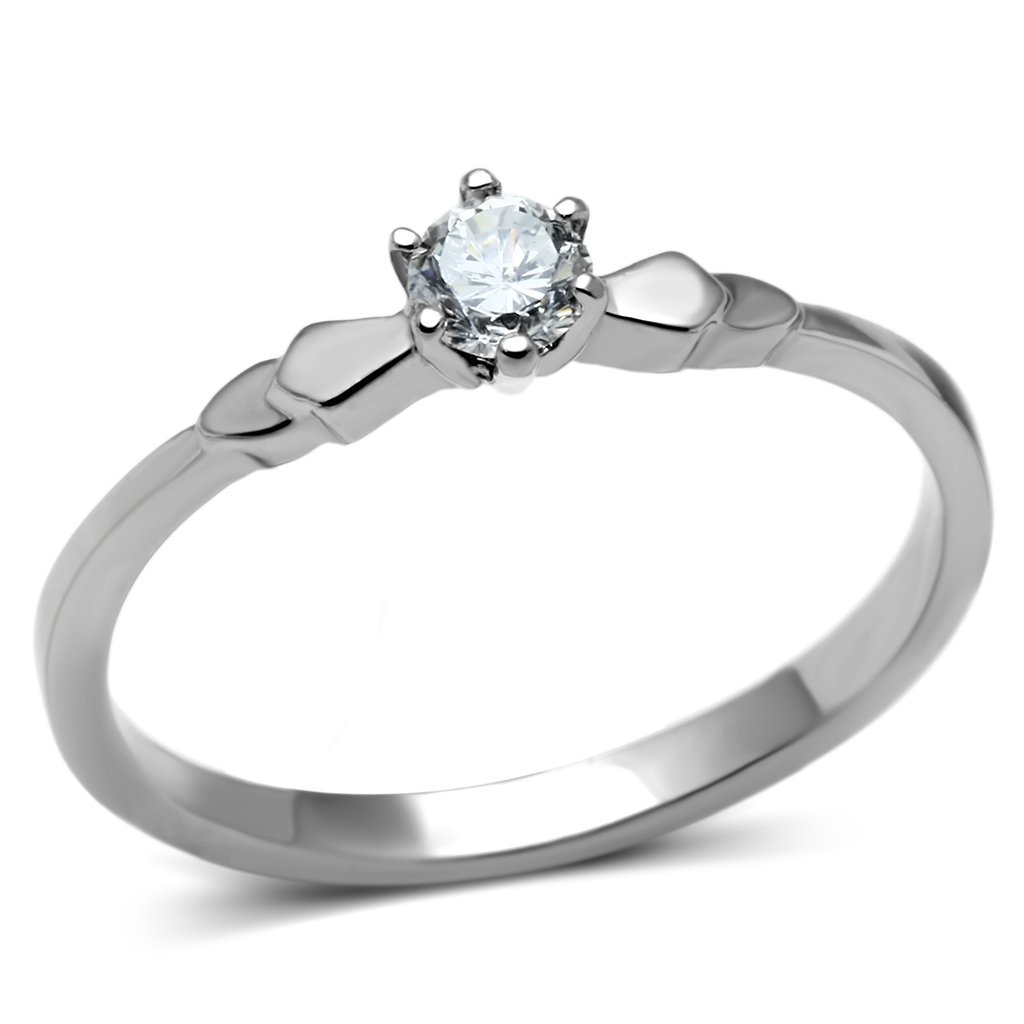 TK697 High Polished Stainless Steel Ring featuring a clear AAA Grade CZ center stone, showcasing its elegant design and shine.