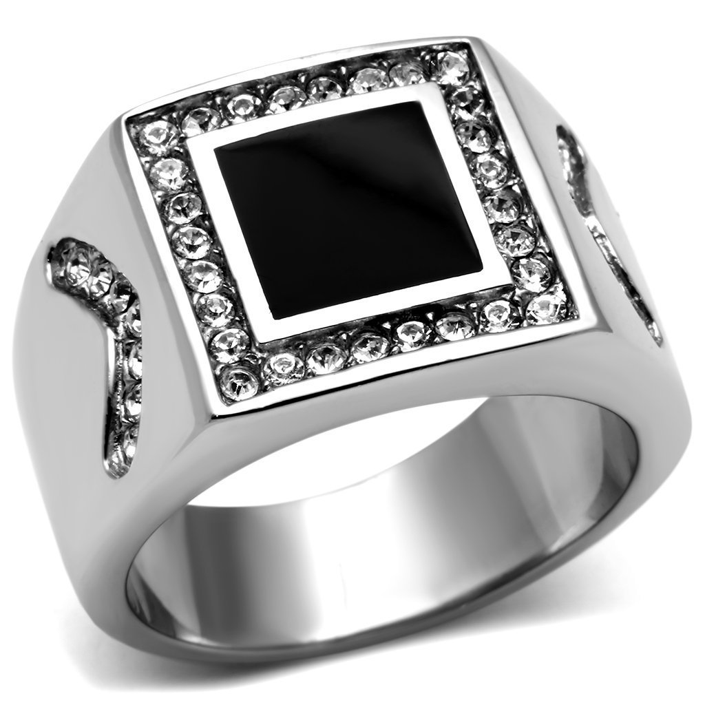 TK702 High Polished Stainless Steel Ring featuring a clear top grade crystal centerpiece, showcasing its elegant design and polished finish.