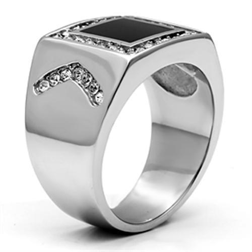 TK702 High Polished Stainless Steel Ring featuring a clear top grade crystal centerpiece, showcasing its elegant design and polished finish.