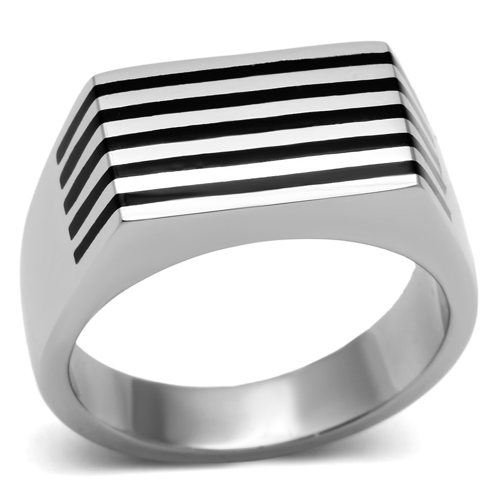 TK705 High Polished Stainless Steel Ring featuring a Jet Epoxy center stone, showcasing a sleek and elegant design.