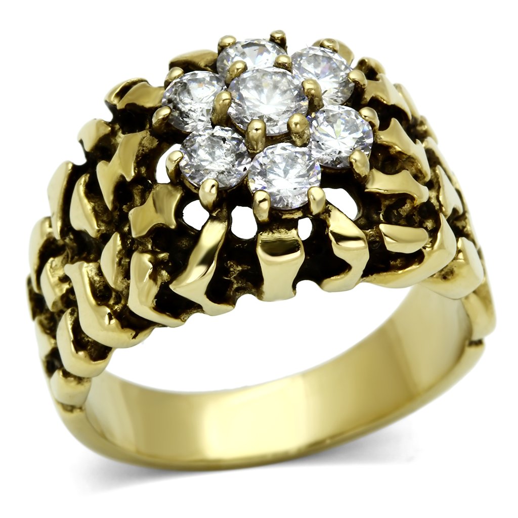 TK771 IP Gold Stainless Steel Ring featuring a clear AAA Grade CZ center stone, showcasing its elegant design and luxurious finish.