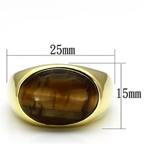 TK718 IP Gold Stainless Steel Ring featuring a synthetic Tiger Eye stone, showcasing its elegant design and luxurious finish.