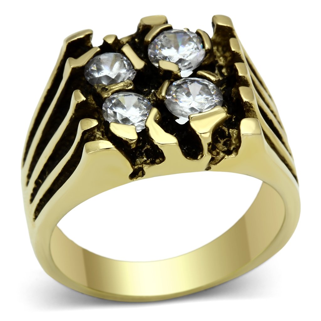 TK772 IP Gold Stainless Steel Ring featuring a clear AAA Grade CZ center stone, showcasing its elegant design and durable material.