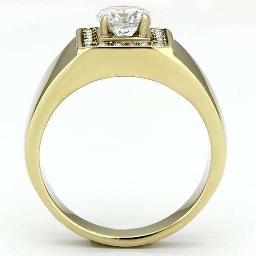 TK728 IP Gold Stainless Steel Ring featuring a clear AAA Grade CZ stone, showcasing its elegant design and luxurious finish.