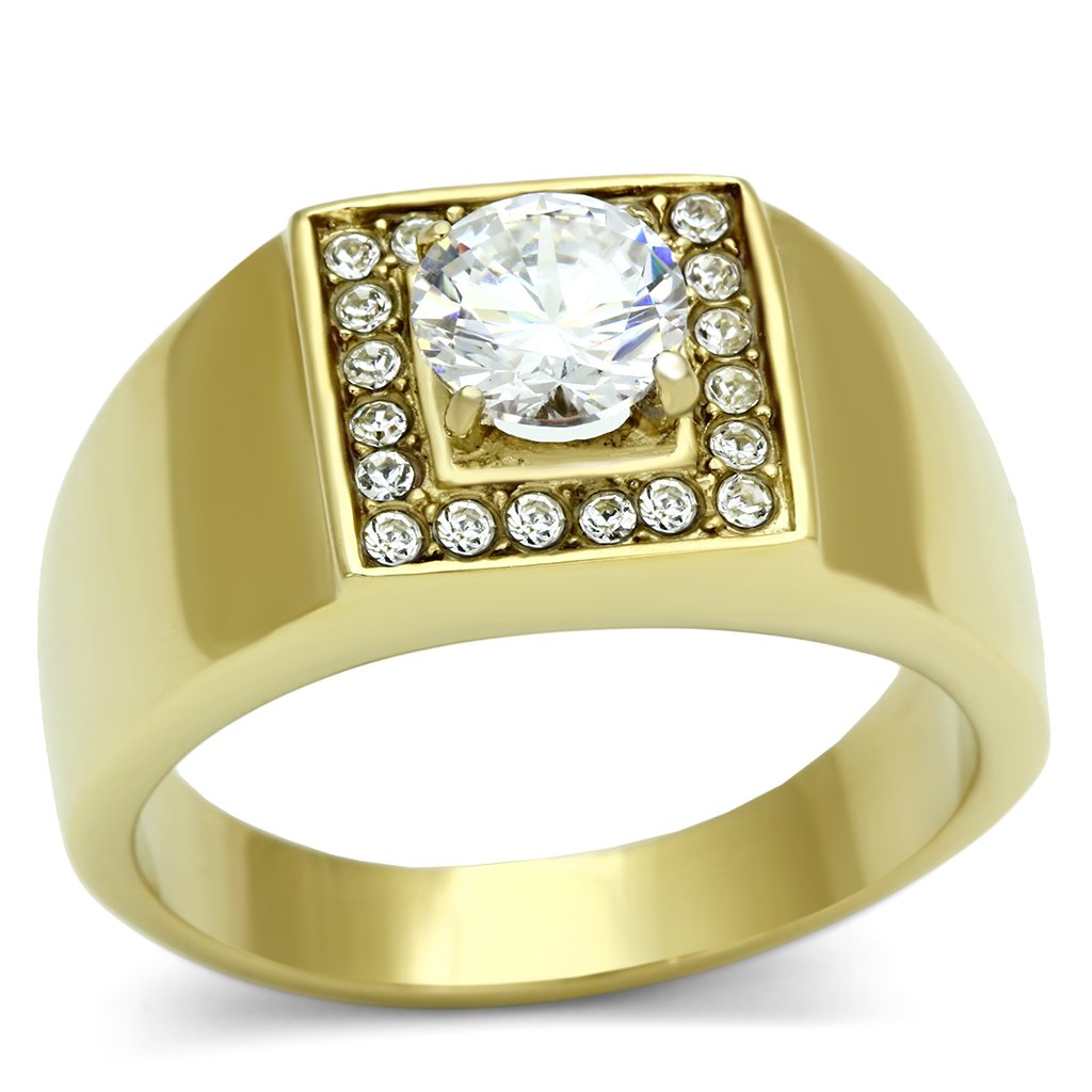 TK728 IP Gold Stainless Steel Ring featuring a clear AAA Grade CZ stone, showcasing its elegant design and luxurious finish.