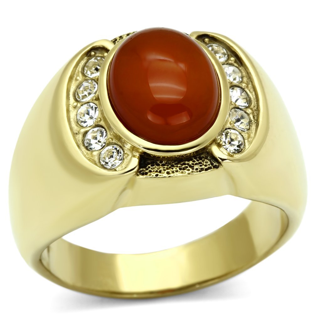 TK729 IP Gold Stainless Steel Ring featuring a vibrant Siam Agate stone, showcasing elegance and durability.