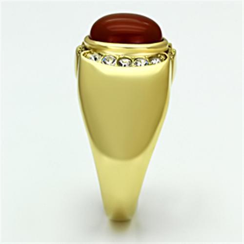 TK729 IP Gold Stainless Steel Ring featuring a vibrant Siam Agate stone, showcasing elegance and durability.