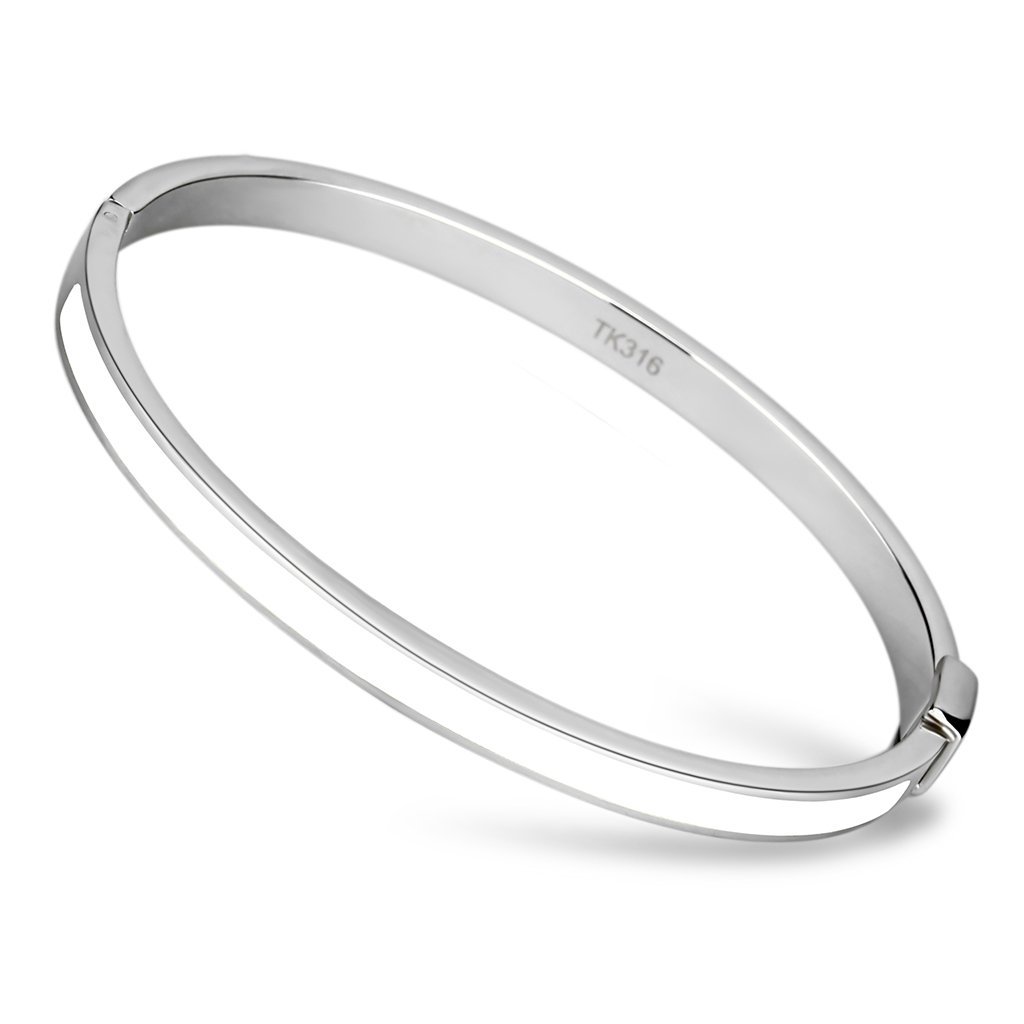 TK740 High Polished Stainless Steel Bangle featuring a white epoxy center stone, showcasing its elegant design and shiny finish.