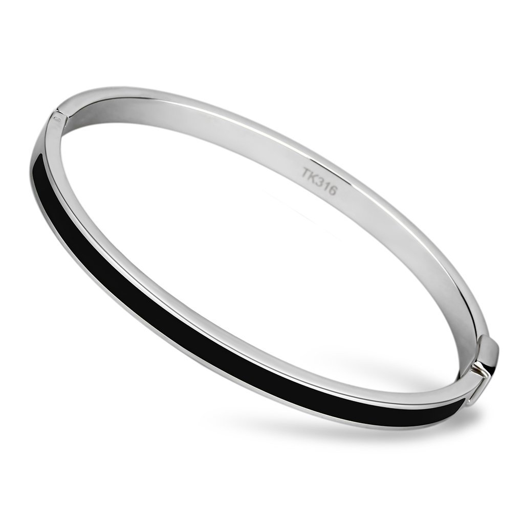 TK741 High Polished Stainless Steel Bangle featuring a jet black epoxy center stone, showcasing its elegant design and shiny finish.