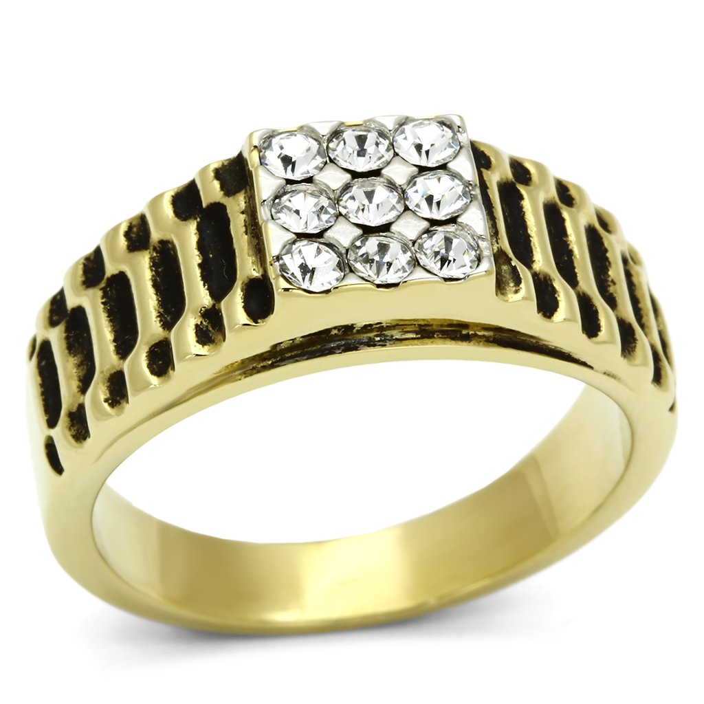 TK753 Two-Tone IP Gold Stainless Steel Ring featuring a clear top-grade crystal centerpiece, showcasing its elegant design and luxurious finish.