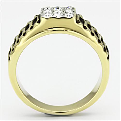 TK753 Two-Tone IP Gold Stainless Steel Ring featuring a clear top-grade crystal centerpiece, showcasing its elegant design and luxurious finish.