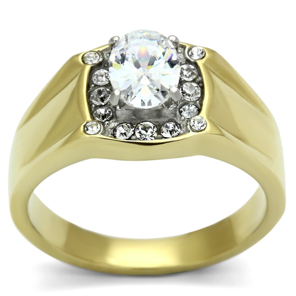 TK758 Two-Tone IP Gold Stainless Steel Ring featuring a clear AAA grade CZ stone, showcasing a luxurious and modern design.