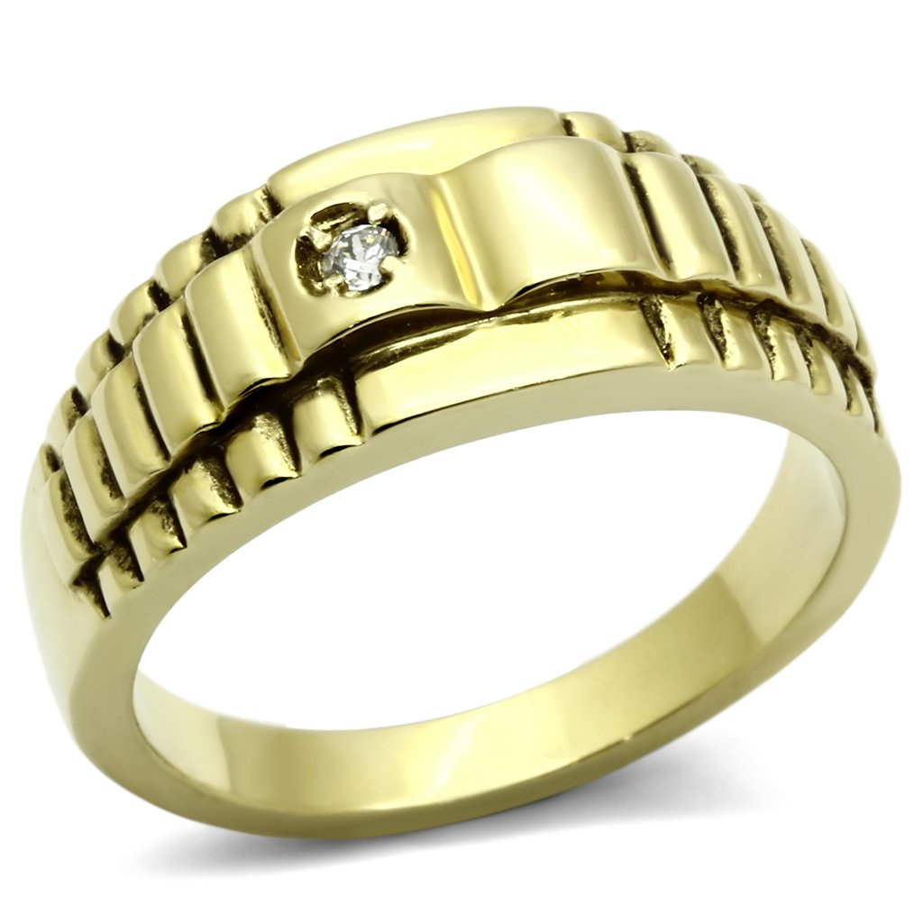 TK794 IP Gold Stainless Steel Ring featuring a clear AAA Grade CZ stone, showcasing its elegant design and luxurious finish.