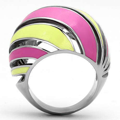 TK803 High Polished Stainless Steel Ring featuring a vibrant multi-color epoxy center stone, showcasing its elegant design.