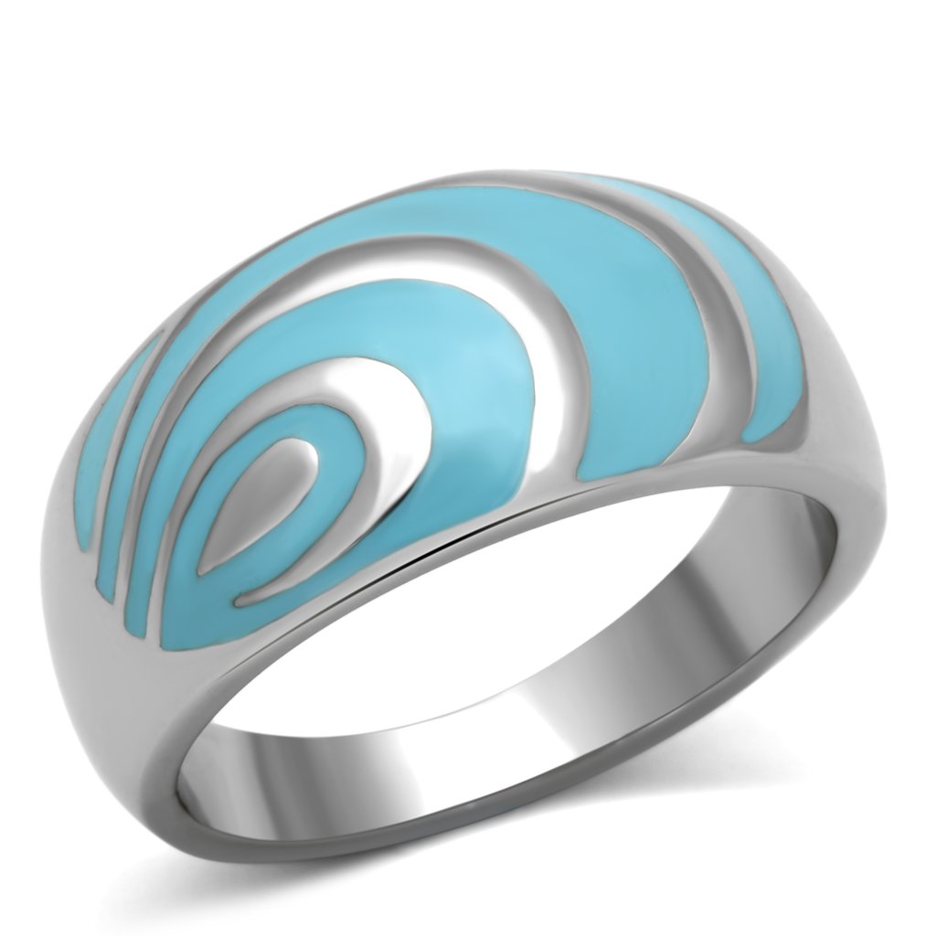 TK804 High Polished Stainless Steel Ring featuring a vibrant sea blue epoxy center stone, showcasing a sleek and modern design.