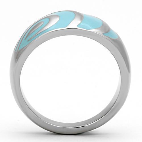 TK804 High Polished Stainless Steel Ring featuring a vibrant sea blue epoxy center stone, showcasing a sleek and modern design.