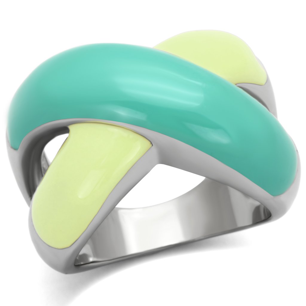 TK813 High Polished Stainless Steel Ring featuring a vibrant multi-color epoxy center stone, showcasing its elegant design and shine.