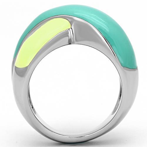 TK813 High Polished Stainless Steel Ring featuring a vibrant multi-color epoxy center stone, showcasing its elegant design and shine.