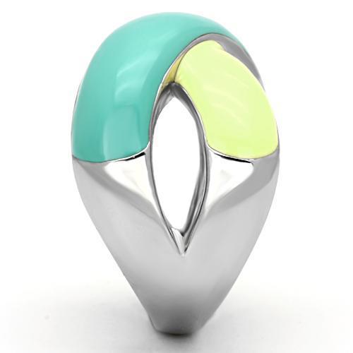 TK813 High Polished Stainless Steel Ring featuring a vibrant multi-color epoxy center stone, showcasing its elegant design and shine.