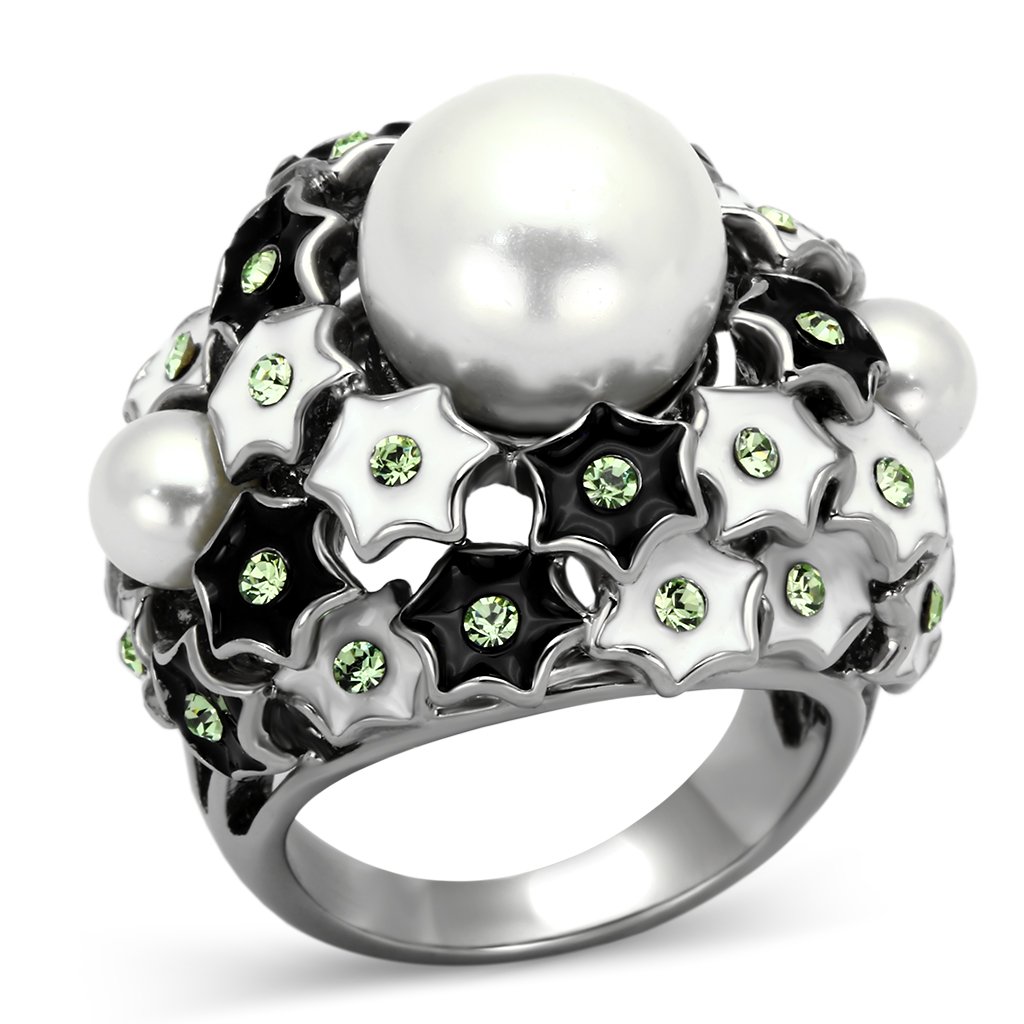 TK818 High Polished Stainless Steel Ring featuring a synthetic white pearl centerpiece, showcasing its elegant design and shiny finish.