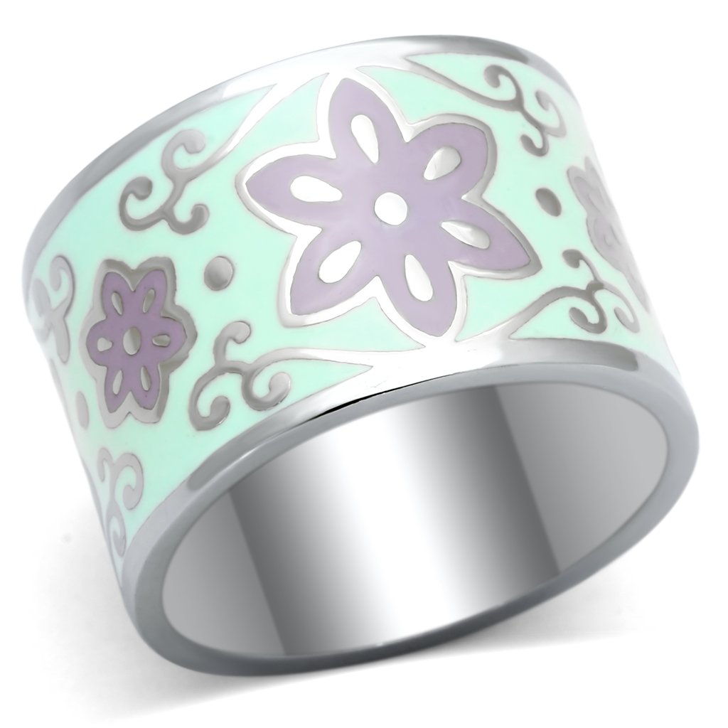 TK824 High Polished Stainless Steel Ring with vibrant multi-color epoxy stone, showcasing a sleek and modern design.