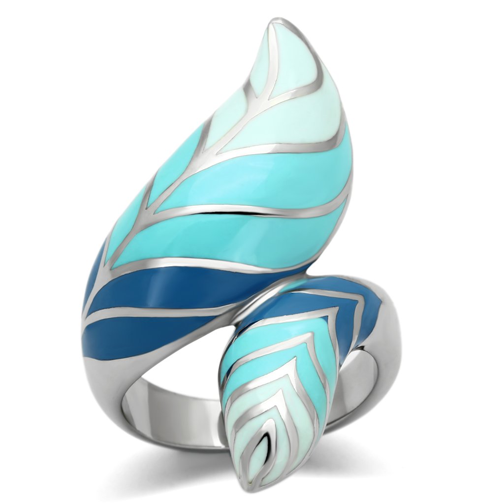 TK838 High Polished Stainless Steel Ring featuring a vibrant multi-color epoxy center stone, showcasing its elegant design and shiny finish.