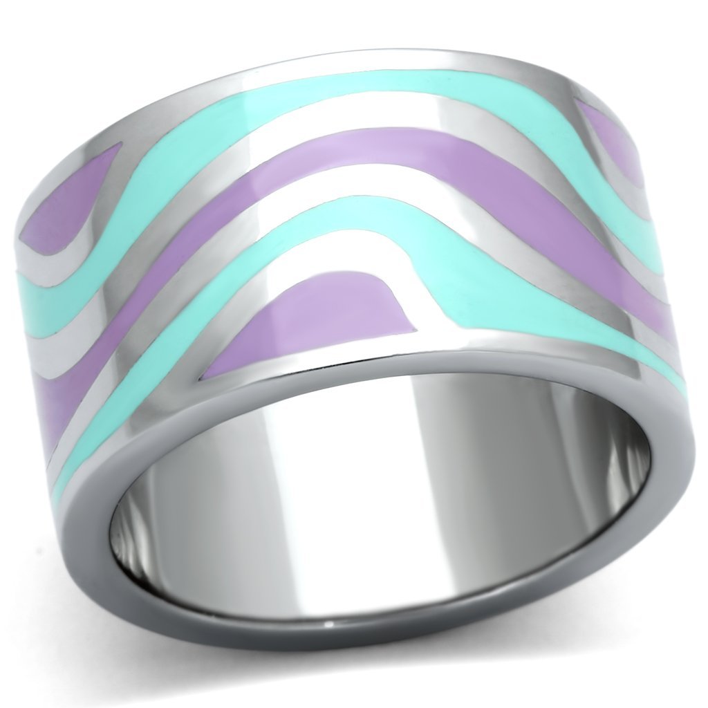 TK840 High Polished Stainless Steel Ring featuring a vibrant multi-color epoxy center stone, showcasing a sleek and modern design.