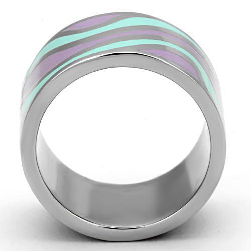 TK840 High Polished Stainless Steel Ring featuring a vibrant multi-color epoxy center stone, showcasing a sleek and modern design.