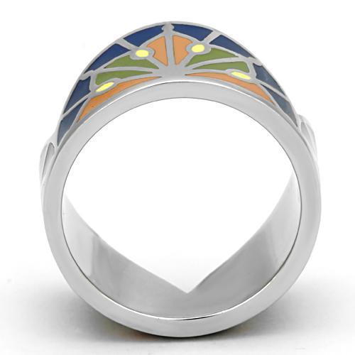 TK842 High Polished Stainless Steel Ring featuring a vibrant multi-color epoxy stone, showcasing its elegant design and shine.